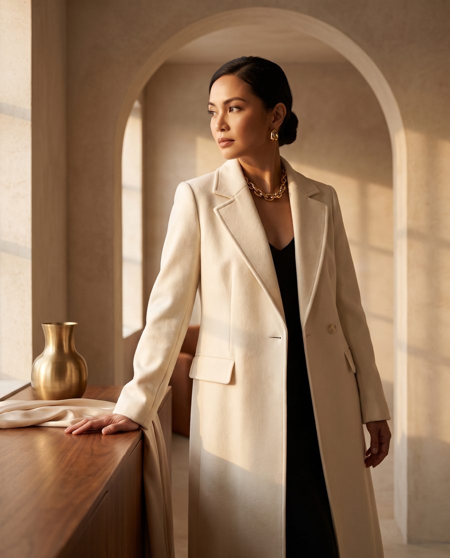 A woman in a tailored ivory coat in a travertine interior
