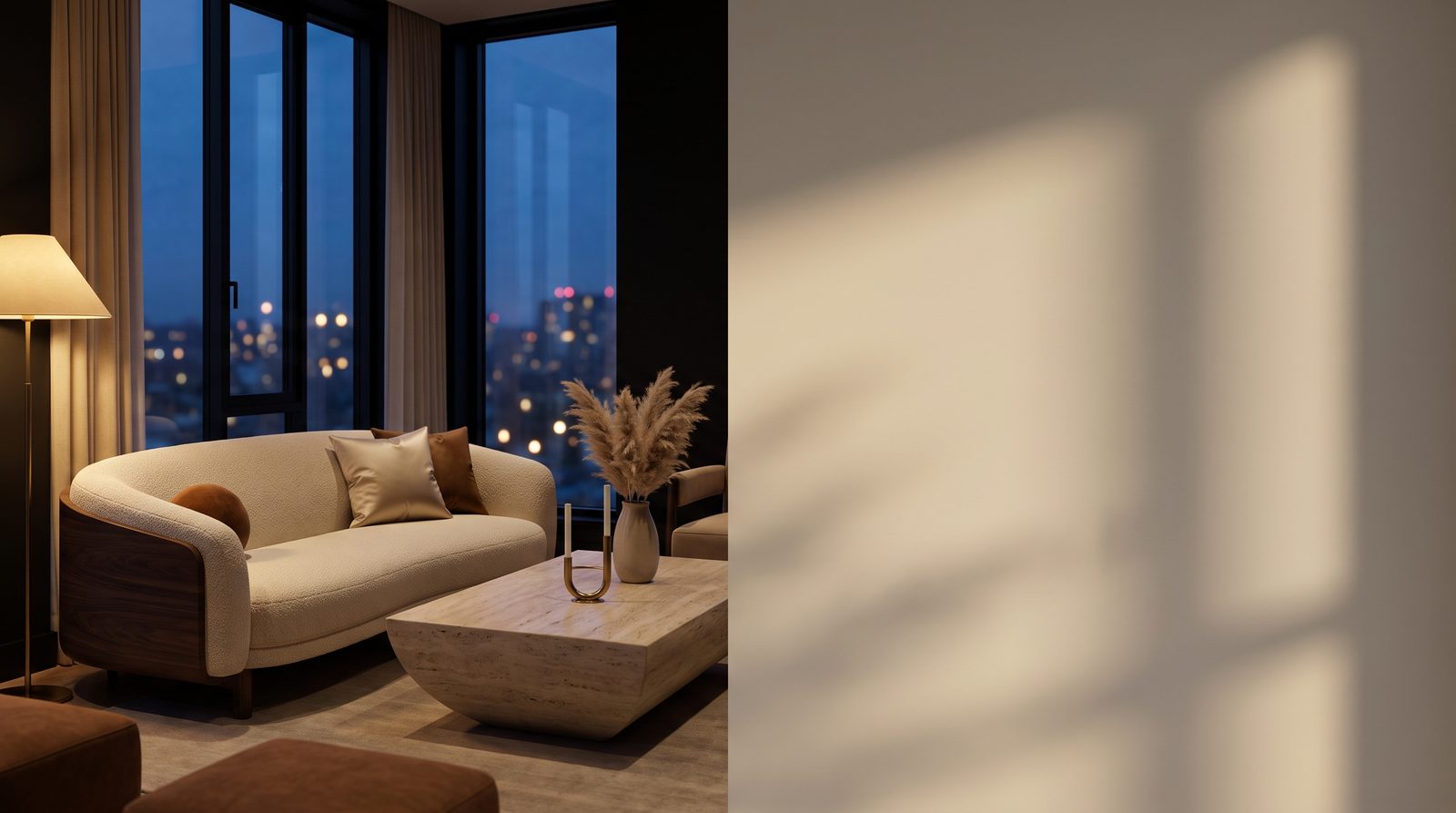 A warm, refined living room at dusk