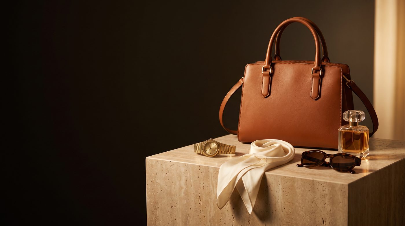 A cognac leather handbag, gold watch, silk scarf and crystal perfume on a travertine plinth